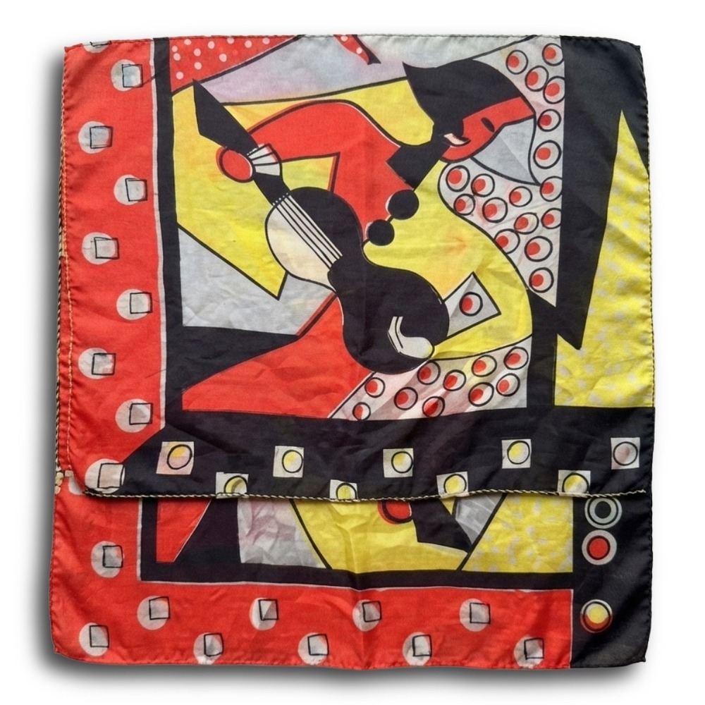 Vintage Cubist Art Print Square Scarf Red Yellow Black Abstract Musician Design